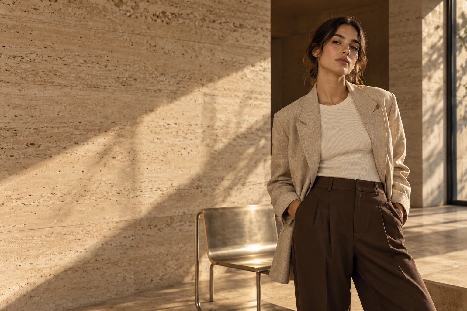 Modelo con blazer de lino en un interior cálido
