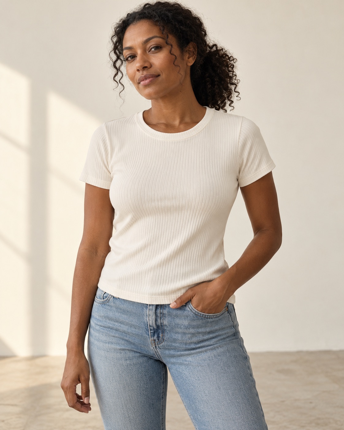 Modelo con remera de algodón marfil